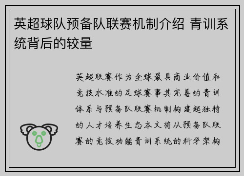 英超球队预备队联赛机制介绍 青训系统背后的较量