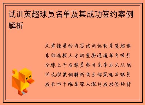 试训英超球员名单及其成功签约案例解析